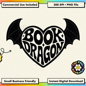 May include: A black graphic design featuring a heart shape with bat wings on each side. The text BOOK DRAGON is written in a bold, wavy font inside the heart. Small four-pointed stars are placed between the letters. The design is on a cream background.