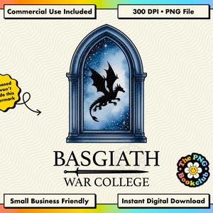 May include: A digital graphic featuring a black dragon silhouette centred within a blue arched window frame against a starry night sky. Below the window, the text reads BASGIATH WAR COLLEGE with a sword icon. Includes a yellow watermark badge.