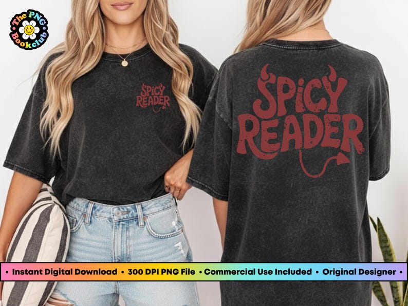May include: A dark gray t-shirt with the text "Spicy Reader" in red on the front and back. The back design includes a devil tail. The shirt is paired with light blue denim shorts.