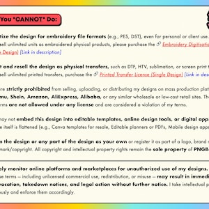 May include: A pink and yellow graphic with text detailing restrictions on the use of digital designs. The text includes "What You CANNOT Do:" and lists prohibitions on digitizing, printing, and reselling designs. A logo for "The PNG Bookclub" is in the upper right corner.