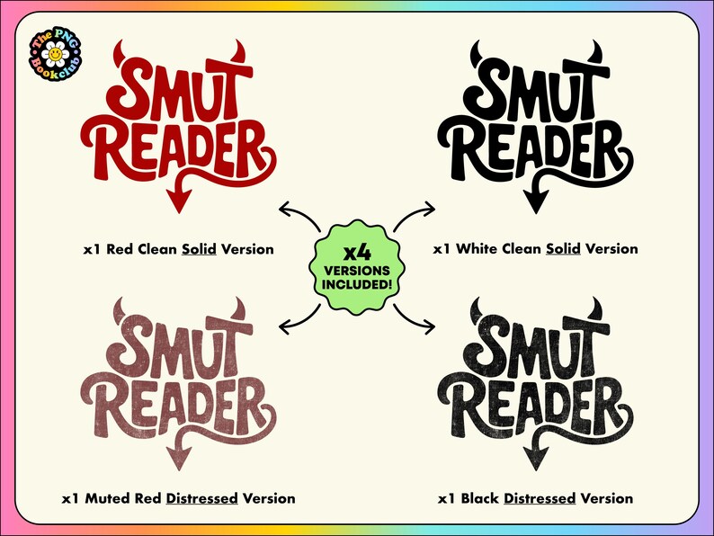 May include: A graphic design featuring the text "SMUT READER" in four different versions: red, white, muted red, and black. Each version includes a devil horn design above the text and an arrow pointing down.