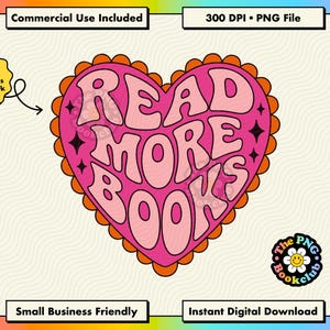 Może przedstawiać: Grafika w kształcie serca z napisem READ MORE BOOKS wykonanym jasnoróżowymi literami typu bubble na ciemnoróżowym tle. Serce jest obwiedzione pomarańczową, falistą ramką i ozdobione małymi czarnymi czteroramiennymi gwiazdkami.