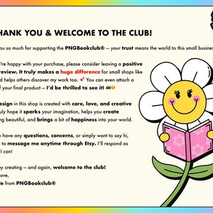 Może przedstawiać: Kolorowa grafika z tekstem "THANK YOU & WELCOME TO THE CLUB!" i uśmiechniętą stokrotką czytającą r&oacute;żową książkę. Obraz zawiera tekst o wspieraniu sklepu i pozostawianiu recenzji.