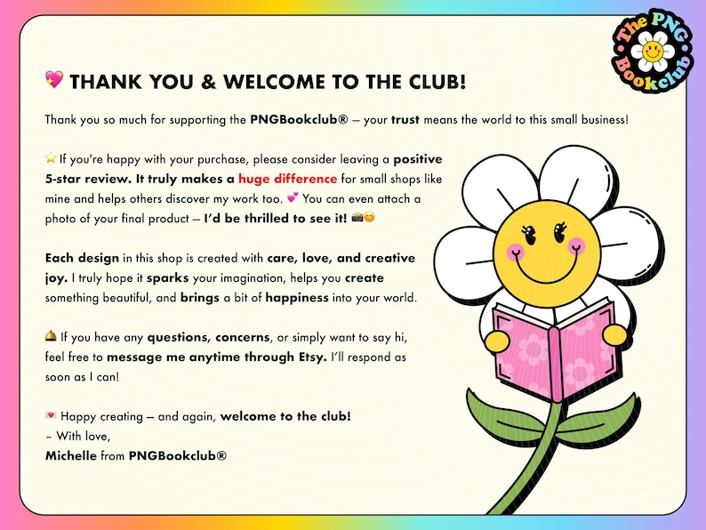 Może przedstawiać: Kolorowa grafika z tekstem "THANK YOU & WELCOME TO THE CLUB!" i uśmiechniętą stokrotką czytającą r&oacute;żową książkę. Obraz zawiera tekst o wspieraniu sklepu i pozostawianiu recenzji.