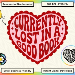 Könnte beinhalten: Ein digitales Grafikdesign mit einem großen, herzförmigen Motiv mit gewelltem Rand in Rot- und Hellrosatönen. Der Text 'CURRENTLY LOST IN A GOOD BOOK' ist in einer fetten, wellenförmigen roten Schrift im Inneren des Herzens dargestellt. Kleine vierzackige Sternsymbole befinden sich links und rechts neben dem Text.