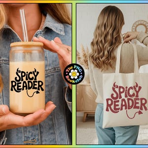 May include: The image features a glass tumbler and a tote bag, both with the text "Spicy Reader" in a retro font. The tumbler has a bamboo lid and a straw. The tote bag is off-white. The PNG Book Club logo is also visible.