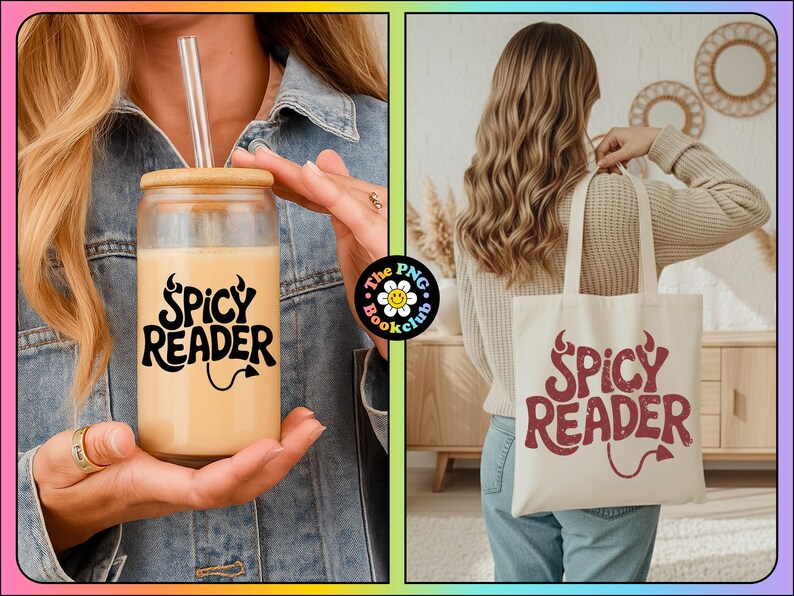 May include: The image features a glass tumbler and a tote bag, both with the text "Spicy Reader" in a retro font. The tumbler has a bamboo lid and a straw. The tote bag is off-white. The PNG Book Club logo is also visible.