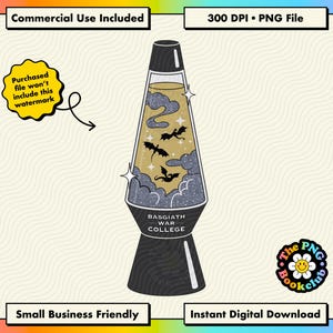 May include: A digital illustration of a lava lamp with a black base and cap. The glass chamber contains a gold liquid with floating grey clouds, sparkling stars, and black dragon silhouettes. The base features the text Basgiath War College.