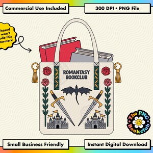 May include: A cream-coloured tote bag featuring the text ROMANTASY BOOKCLUB, a black dragon silhouette, two crossed swords, two castles, and red roses on green stems. Two books, one red and one grey, are tucked inside the bag with gold tassels on sides.