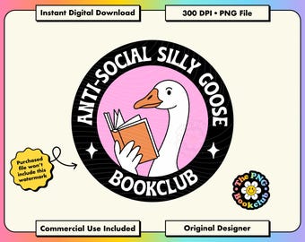 Funny Bookish Goose PNG File: Pink Book Lover Clipart Instant Download | Anti-Social Bookclub Design for Stickers T-Shirt Mug Sublimation