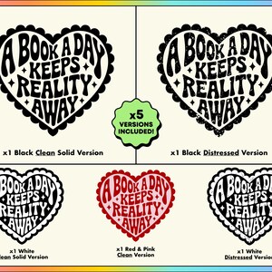 Pode incluir: Um design gr&aacute;fico com o texto "A Book A Day Keeps Reality Away" em forma de cora&ccedil;&atilde;o. A imagem inclui cinco vers&otilde;es: preto, branco e vermelho, cada uma em estilos limpo e desgastado. O logotipo PNG Book Club est&aacute; no canto superior esquerdo.