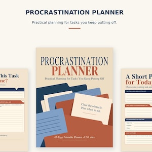 May include: A Procrastination Planner with three pages shown. The center cover features a stack of folders and the text "Procrastination Planner, Practical Planning for Tasks You Keep Putting Off, 45-Page Printable Planner, US Letter". Side pages include "What Makes This Task Easy to Postpone?" and "A Short Plan for Today" with lined sections.