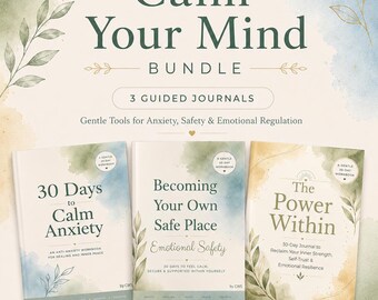 Bundel met werkboeken over angst, dagboek voor emotionele genezing, reset van het zenuwstelsel en een printbaar PDF-pakket voor innerlijke rust.