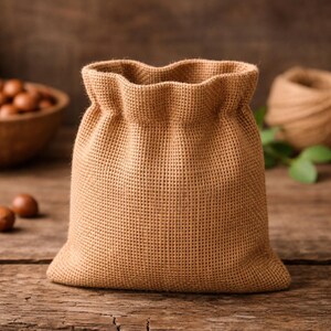 Könnte beinhalten: Ein beigefarbener Beutel aus Jute mit Kordelzug und strukturierter Webart. Der Beutel ist oben offen und zeigt einen gerafften Rand. Im Hintergrund eine Holzschale mit Nüssen, eine Schnurkugel und Holzbretter.