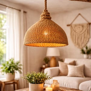 Op de afbeelding: Een hanglamp van gevlochten touw hangt in een woonkamer aan een houten balk. De lampenkap heeft een koepelvorm en het licht is warm. Een ronde houten salontafel bevat planten, kaarsen en boeken. De kamer heeft een neutraal kleurenpalet.