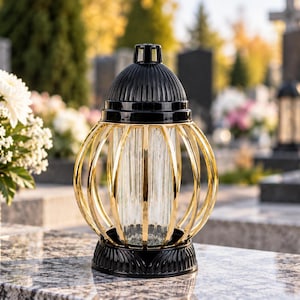 Könnte beinhalten: Eine Grablampe mit einem klaren, vertikal gerippten Glaszylinder, der von einem goldfarbenen Metallkäfig umgeben ist. Die Lampe verfügt über einen schwarzen Kunststoffsockel und einen passenden schwarzen, gewölbten Deckel mit Griff.