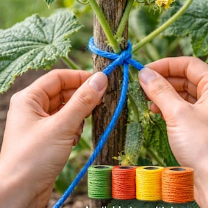 Op de afbeelding: Een blauw touw wordt vastgebonden rond een houten paal die een komkommerplant ondersteunt. De afbeelding toont groene bladeren, kleine komkommers en klosjes touw in groen, rood, geel en oranje. Tekst: "Verkrijgbaar in meerdere kleuren."