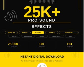 Pakiet ponad 25 000 profesjonalnych efektów dźwiękowych do edycji wideo i tworzenia treści, pakiet efektów dźwiękowych audio bez opłat licencyjnych, YouTube, dźwięki gier, natychmiastowe pobieranie