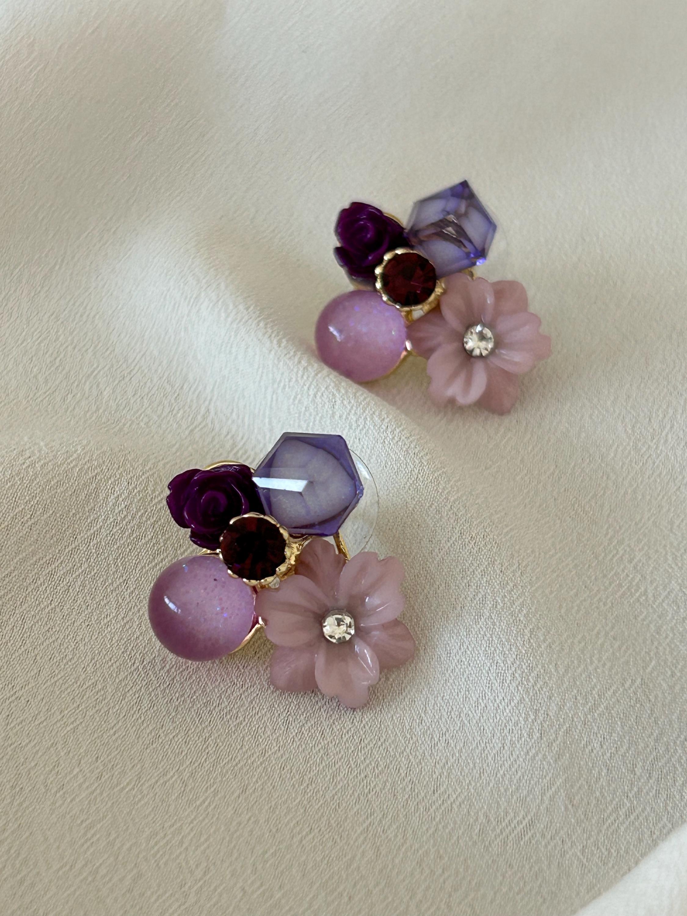 Purple Floral Statement Earrings | Pink Flower Crystal 