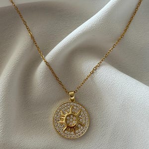 Gold Color Sun Pendant Necklace | Celestial Boho Jewelry | Dainty Sun Charm Necklace | Gift for Her | Handmade Gold Color Necklace