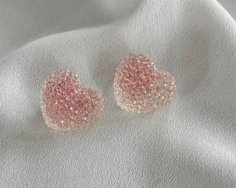 Pink Heart Beaded Stud Earrings: Resin Jewelry