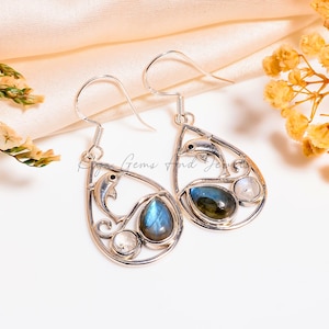 925 Sterling Silver Labradorite & Rainbow Moonstone Teardrop Earrings – Handmade Boho Dangle Jewelry for Women - Gift For Daughter