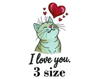 Cat I Love You Embroidery Design | Valentine Hearts Machine Embroidery File | Instant Download