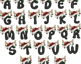 May include: A set of black embroidered letters from A to Z, each adorned with a festive Christmas design. Each letter is topped with a red Santa hat, antlers, and hanging ornaments in green and red.