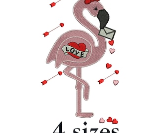 Valentine Flamingo Love Letter Machine Embroidery Design | Heart & Arrow Stitch File | 4 Sizes Included