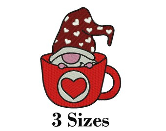 Valentine Gnome Coffee Mug Embroidery Design | Heart | Machine Embroidery File | 4x4 5x5 5x7 Hoop