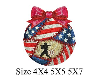 Patriotic Baseball Bow Embroidery Design, USA Flag Softball Stitch File (Instant Download)