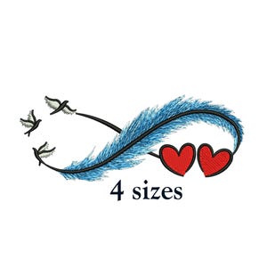 Puede incluir: Diseño bordado con una pluma azul en forma de símbolo de infinito, con tres pájaros volando encima y dos corazones rojos debajo. El texto "4 sizes" se muestra en negro.