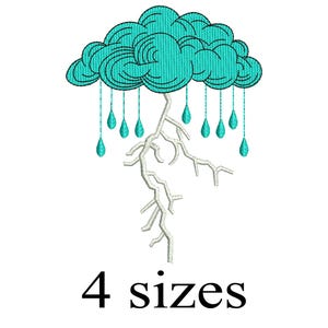 May include: An embroidered design featuring a teal cloud with rain drops and a white lightning bolt. The text "4 sizes" is below the design, indicating available sizes for the design.