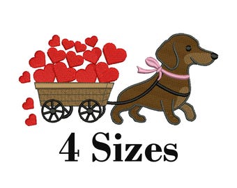 Dachshund Dog with Heart Wagon Embroidery Design | Valentine Love Puppy Machine Embroidery File | Instant Download