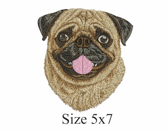 Pug Embroidery Design 5x7 | Realistic Dog Face Embroidery File | DST PES EXP | Hat & Jacket
