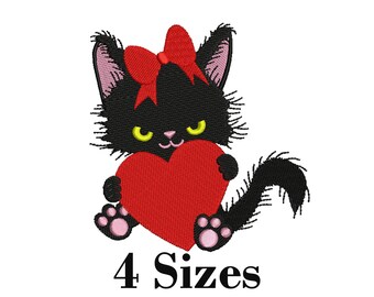Cute Cat Holding Heart Embroidery Design | Valentine Cat Embroidery | Love Cat Machine Embroidery | 4 Sizes Included