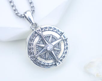 Compass Locket Necklace – 925 Sterling Silver Photo Pendant That Holds 2 Pictures – Custom Engraved – Personalized Travel Gift for Women&Men