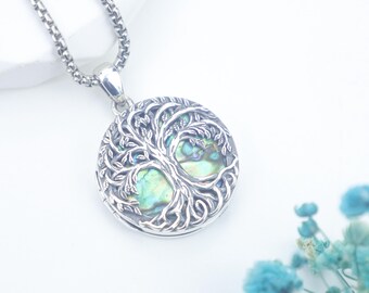 Tree of Life Locket Necklace – 925 Sterling Silver Abalone Shell Photo Pendant – Custom Engraving Memory Keepsake Jewelry Gift for Her