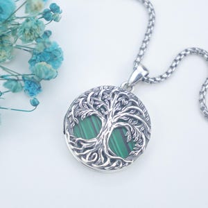 Tree of Life Locket Necklace – 925 Sterling Silver Malachite Family Tree Pendant – Custom Engraving Memory Keepsake Jewelry Gift for Women