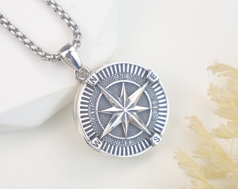 Compass Locket Necklace 925 Sterling Silver – Photo Locket Holds 2 Pictures – Engraved Personalized Travel Jewelry – Adventure Guidance Gift