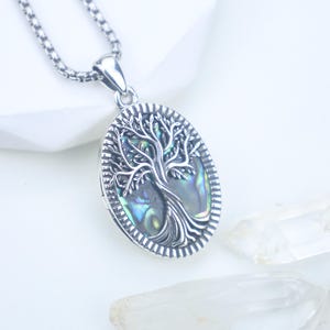 Custom Engraved Tree of Life Locket Necklace – 925 Sterling Silver with Abalone Shell Pendant– Personalized Nature Inspired Gift for Her