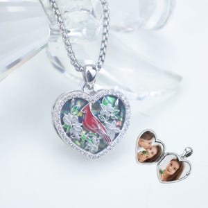 Heart Locket Necklace – 925 Sterling Silver with Abalone Shell– Cardinal Bird Custom Engraved  Pendant– Personalized Memorial Gift for her
