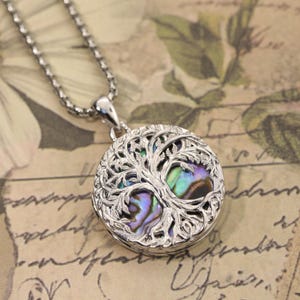 Levensboom medaillonketting – 925 sterlingzilveren abalone schelp fotohanger – aangepaste gravure geheugen aandenken sieraden cadeau voor haar