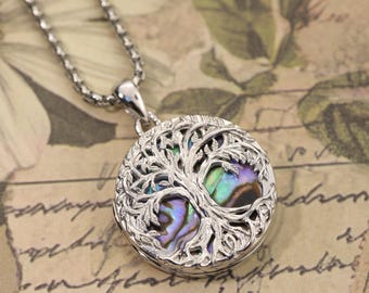Halsband med Livets Träd – Hänge med foto av abalonesnäcka i 925 sterlingsilver – Anpassad gravyr, minnessmycke, present till henne