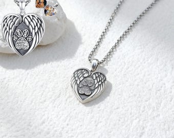 Collar con medallón de corazón con huella de pata en plata de ley – Colgante con foto conmemorativa de mascotas con alas de ángel, joya de recuerdo de cremación para amantes de perros y gatos