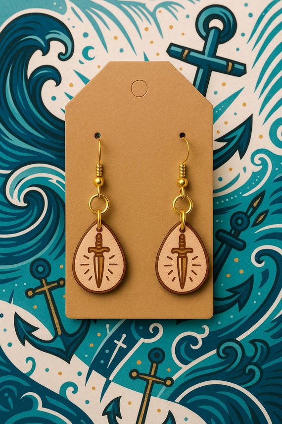 Handmade Leather Dagger Earrings – Teardrop Shape, Nautical Tattoo Style, Lightweight & Hypoallergenic