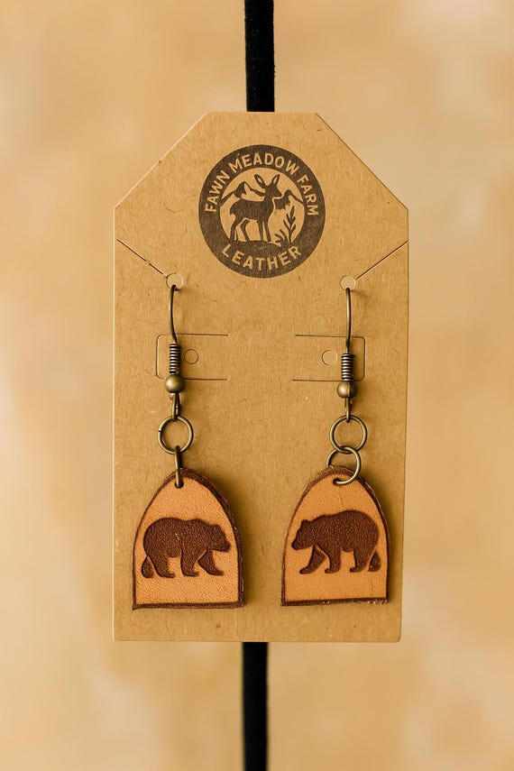 Handmade Leather Bear Earrings – Rustic Wildlife Jewelry – Nature Lover Gift – Lightweight Eco-Friendly Earrings – Outdoorsy Style