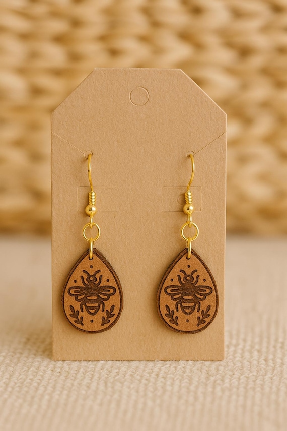 Bee Leather Earrings – Handcrafted Teardrop Earrings with Silver Hooks | Rustic Boho Nature Jewelry | Fawn Meadow Farm Leather