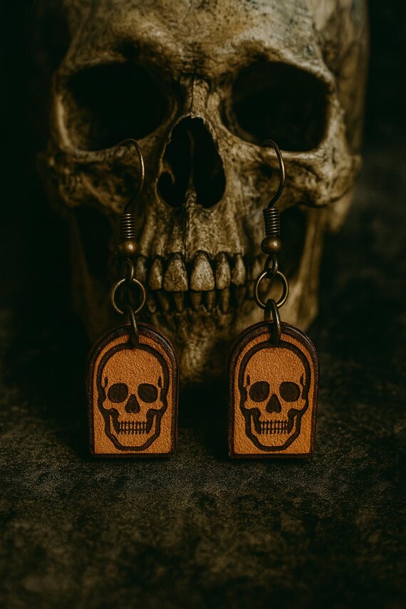 Skull Leather Earrings – Handcrafted Halloween Earrings for Women, Spooky Fall Jewelry, Lightweight Gothic Earrings, Creepy Cute Gift Idea