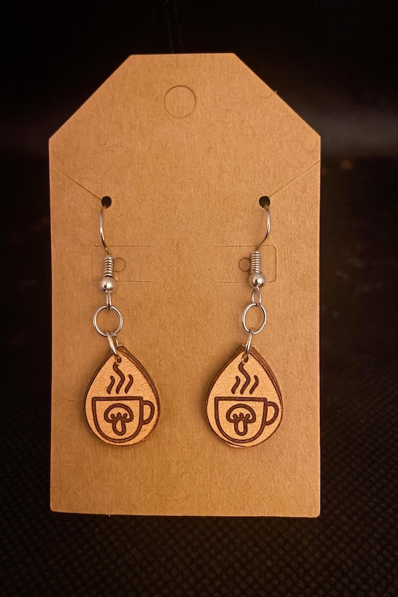 Mushroom Coffee Cup Leather Earrings – Handcrafted Boho Earrings with Silver Hooks | Cottagecore Forest Jewelry | Fawn Meadow Farm